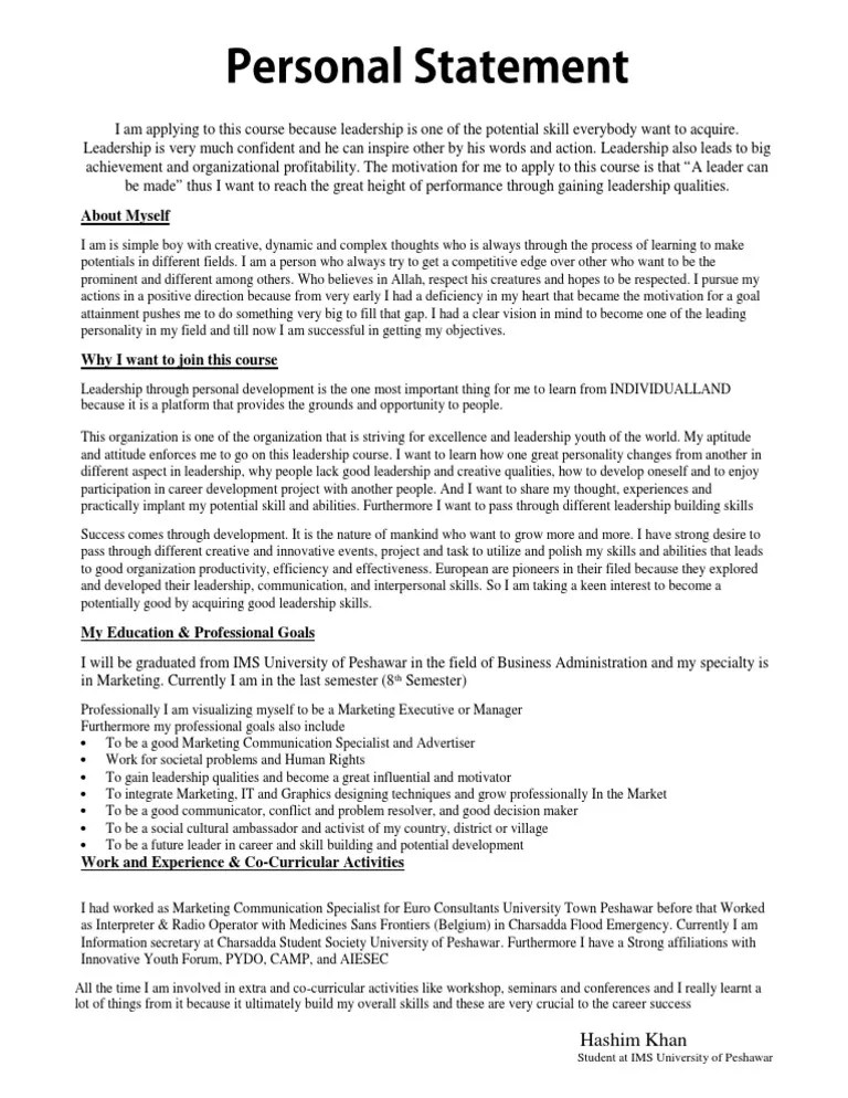 Sample Personal Statement Hashim Khan Comunicaciones de marketing
