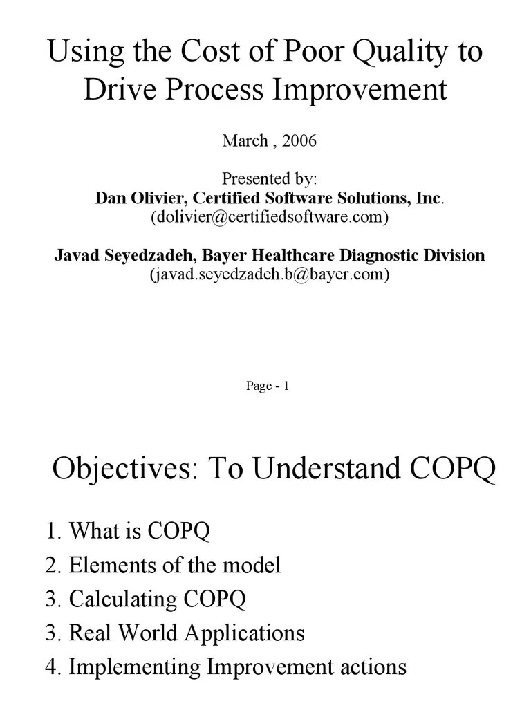 Cost of Quality PDF Quality Management System Quality (Business)