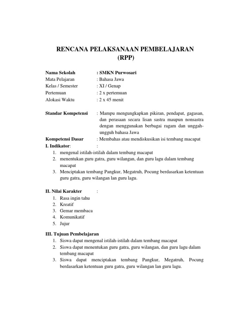 RPP Apresiasi Tembang Macapat | PDF