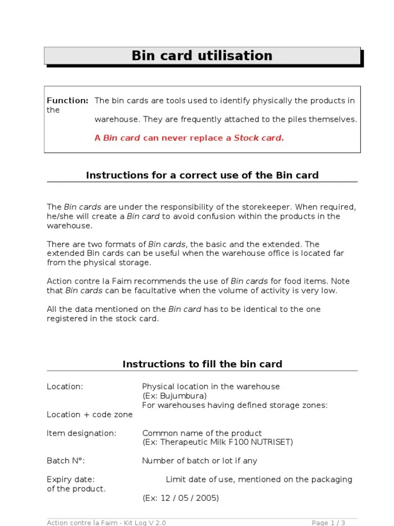 Bin Card Utilisation en 2005 Warehouse Technology