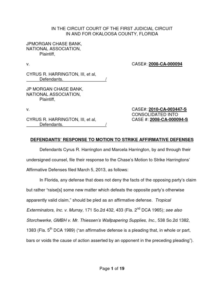 Harrington Response to Motion to Strike Affirmative Defenses