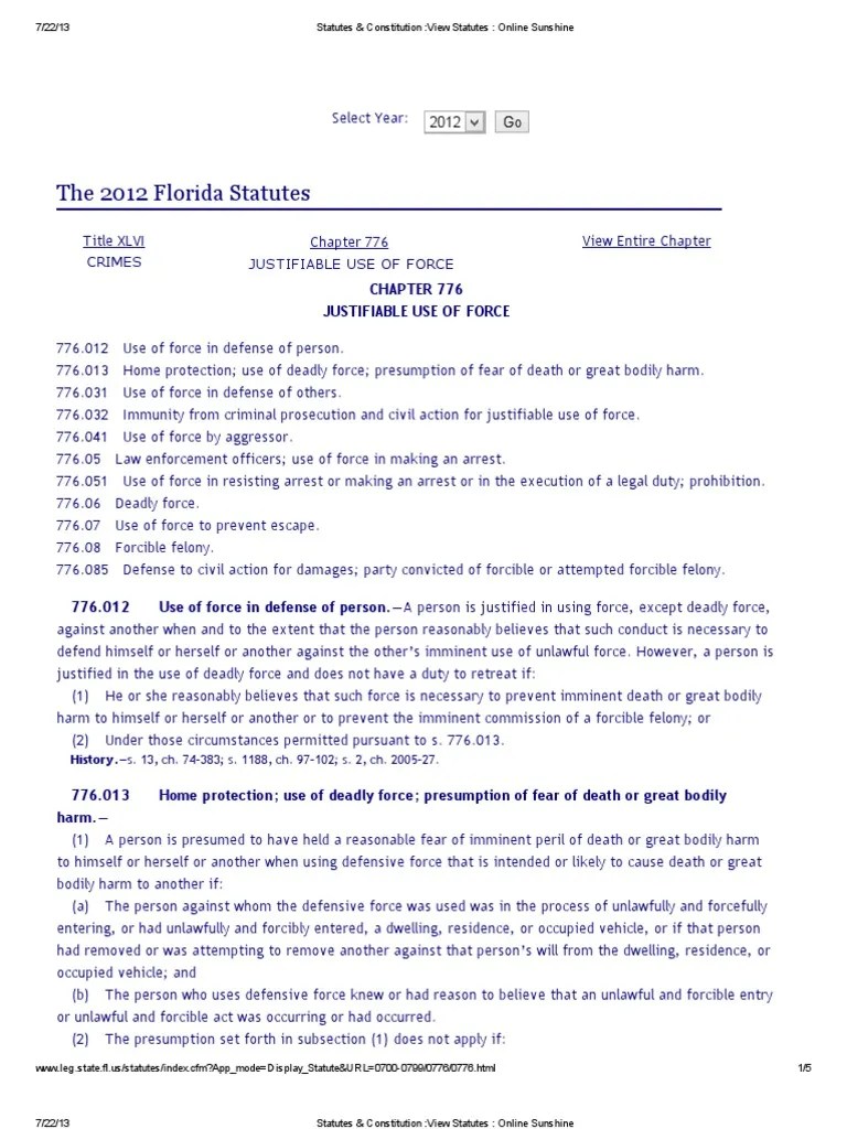 Florida Statutes, Title XLVI, Chapter 776, Justifiable Use of Force Deadly Force Use Of Force