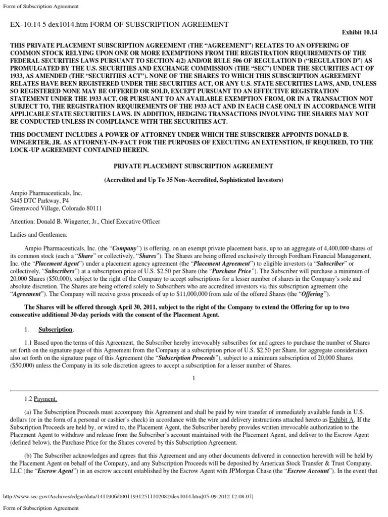 Private Placement Subscription Agreement Securities Act