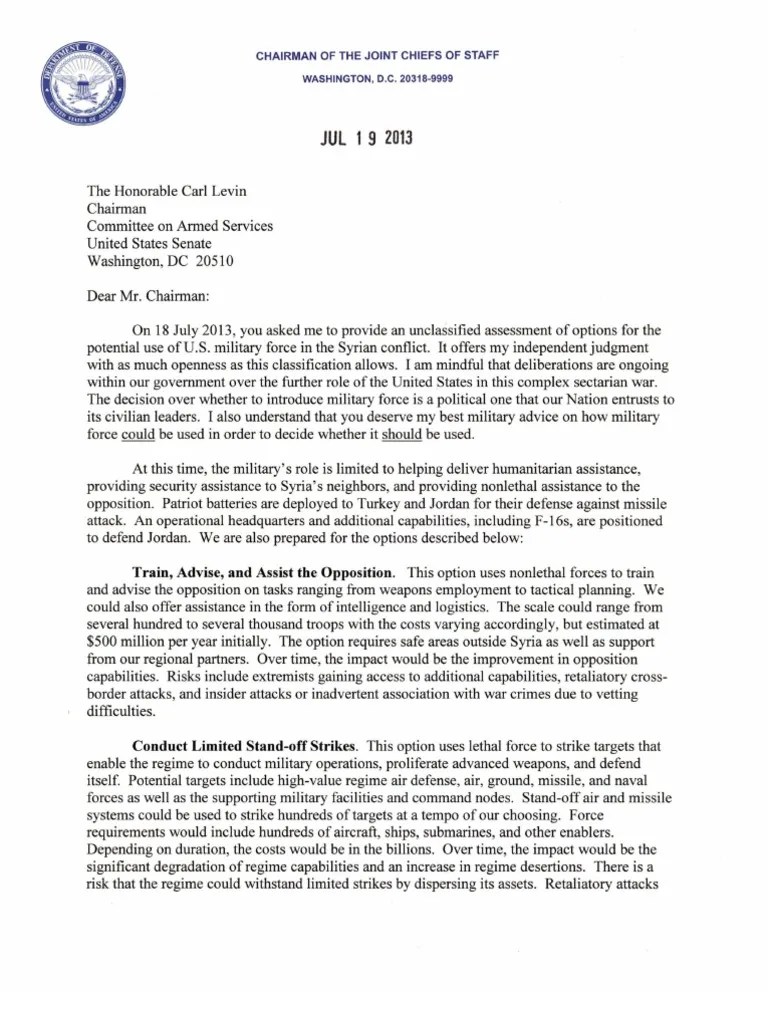 Dempsey Letter Chemical Weapon Joint Chiefs Of Staff