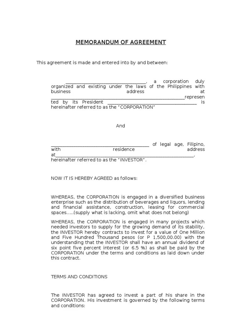 Memorandum of Agreement PDF Investor Investing