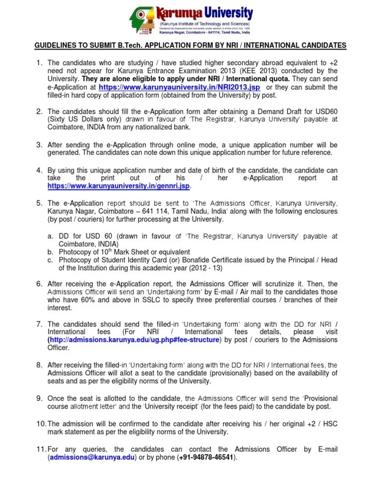 NRI BTech Instructions PDF University And College Admission