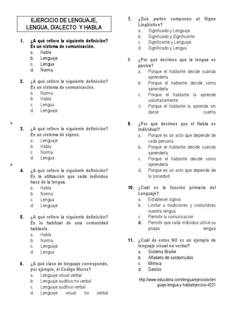 EJERCICIO de LENGUAJE, Lengua, Dialecto y Habla PDF