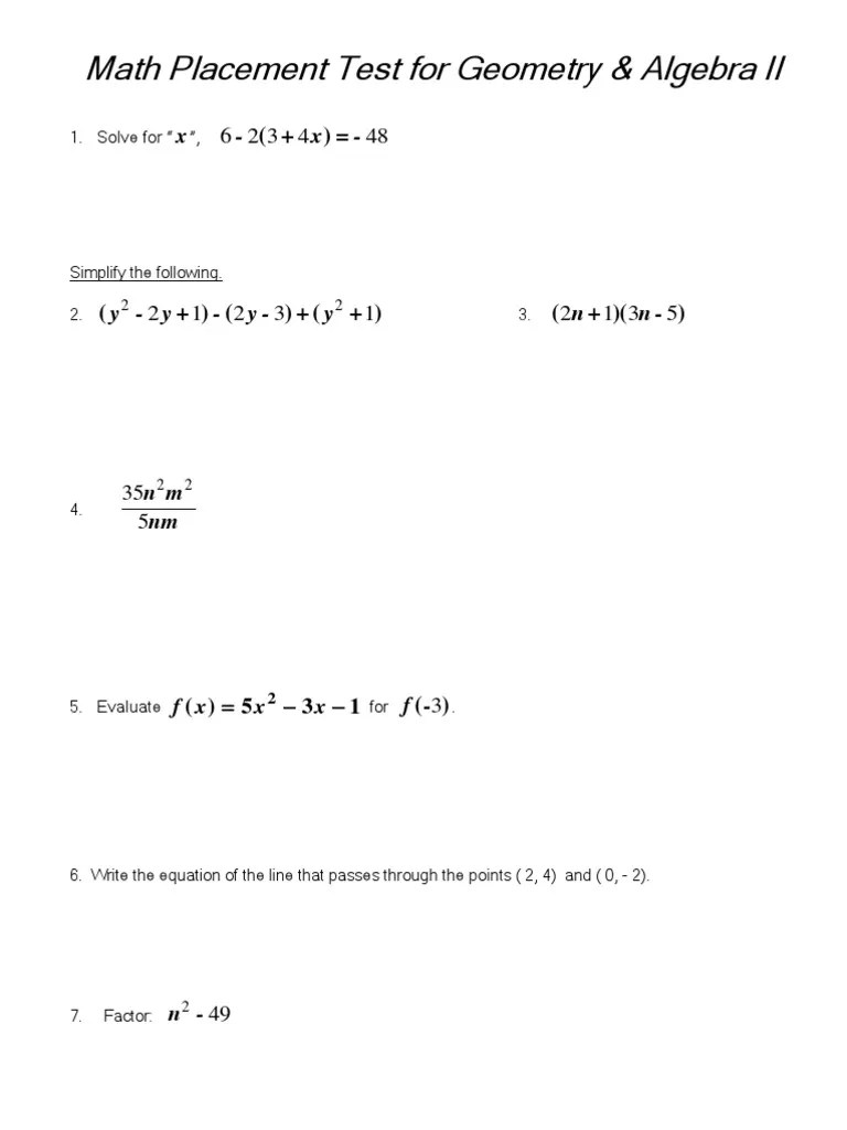 Placement Test For Algebra II PDF