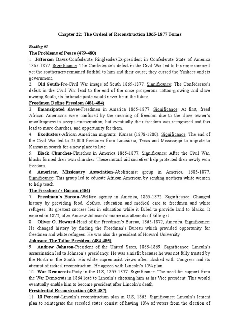 American Pageant Chapter 22 Terms APUSH Reconstruction