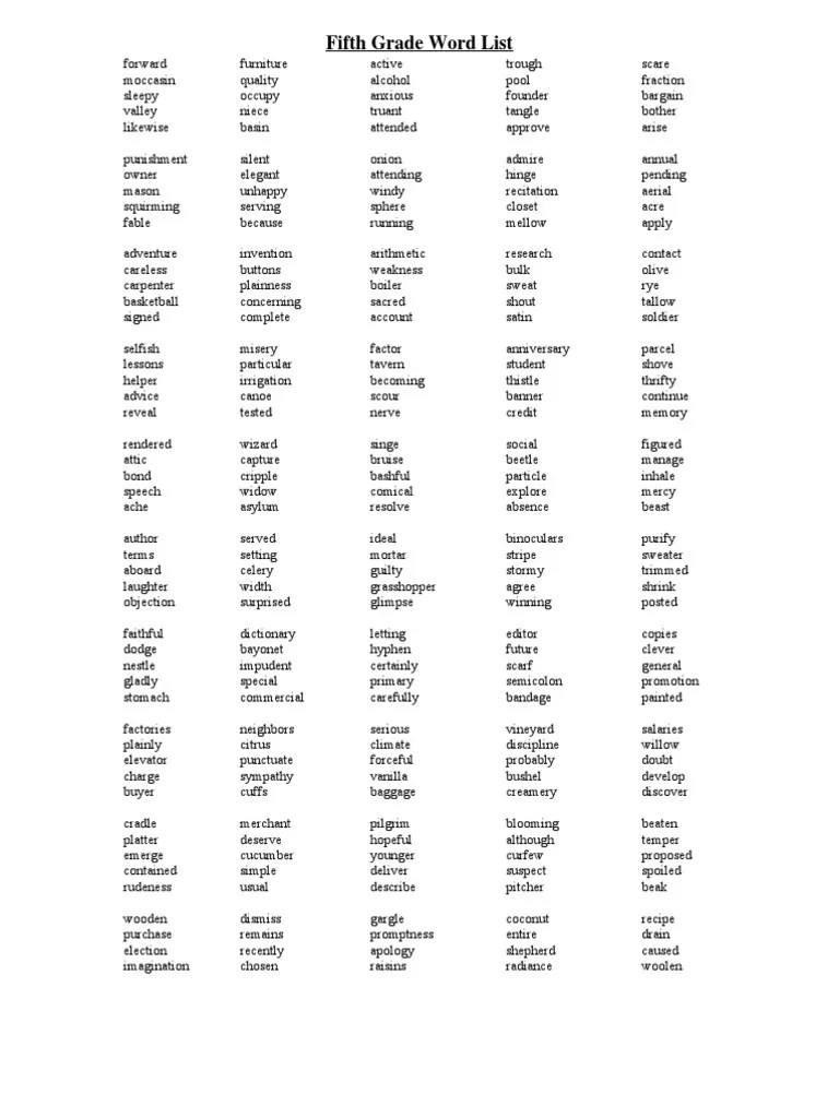 Fifth Grade Word List PDF Nature