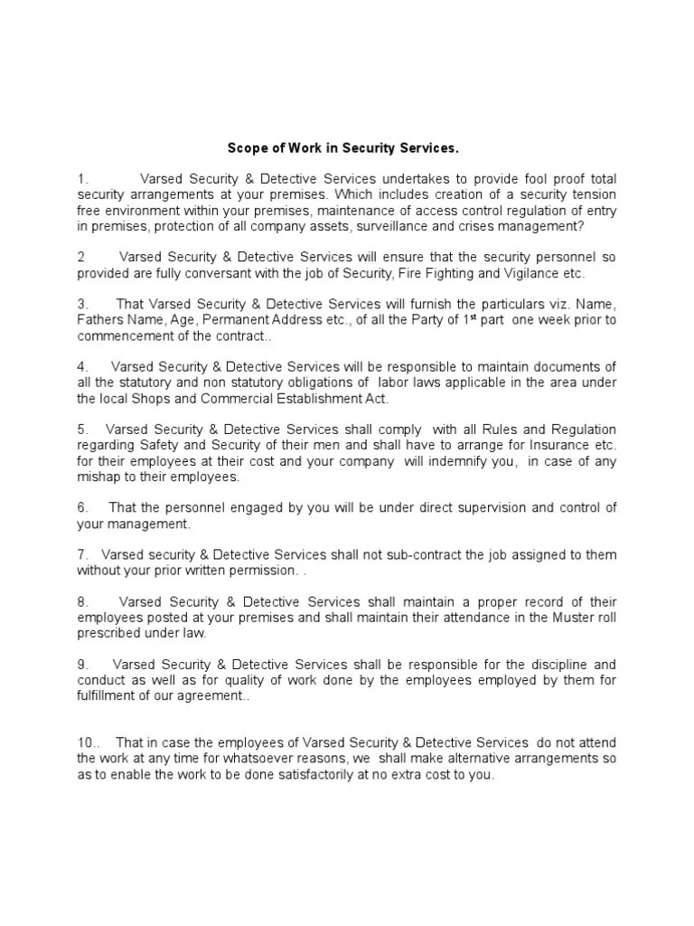 Scope of Work Security PDF Security Guard Employment
