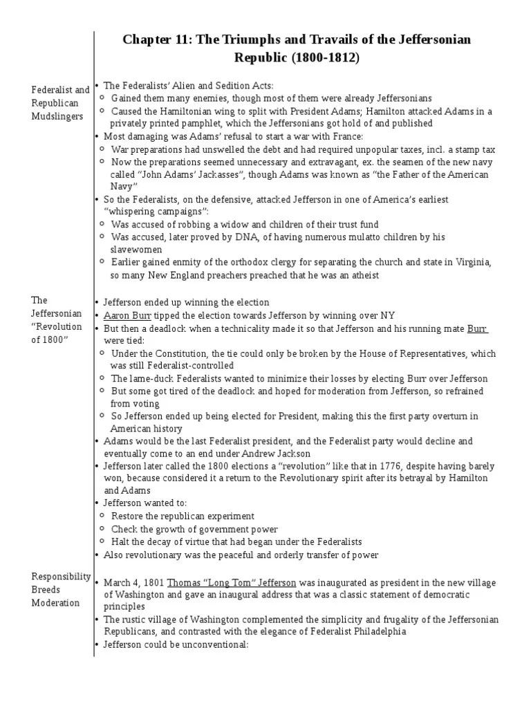 APUSH Chapter 11 notes (up to p. 225) Federalist Party Thomas Jefferson