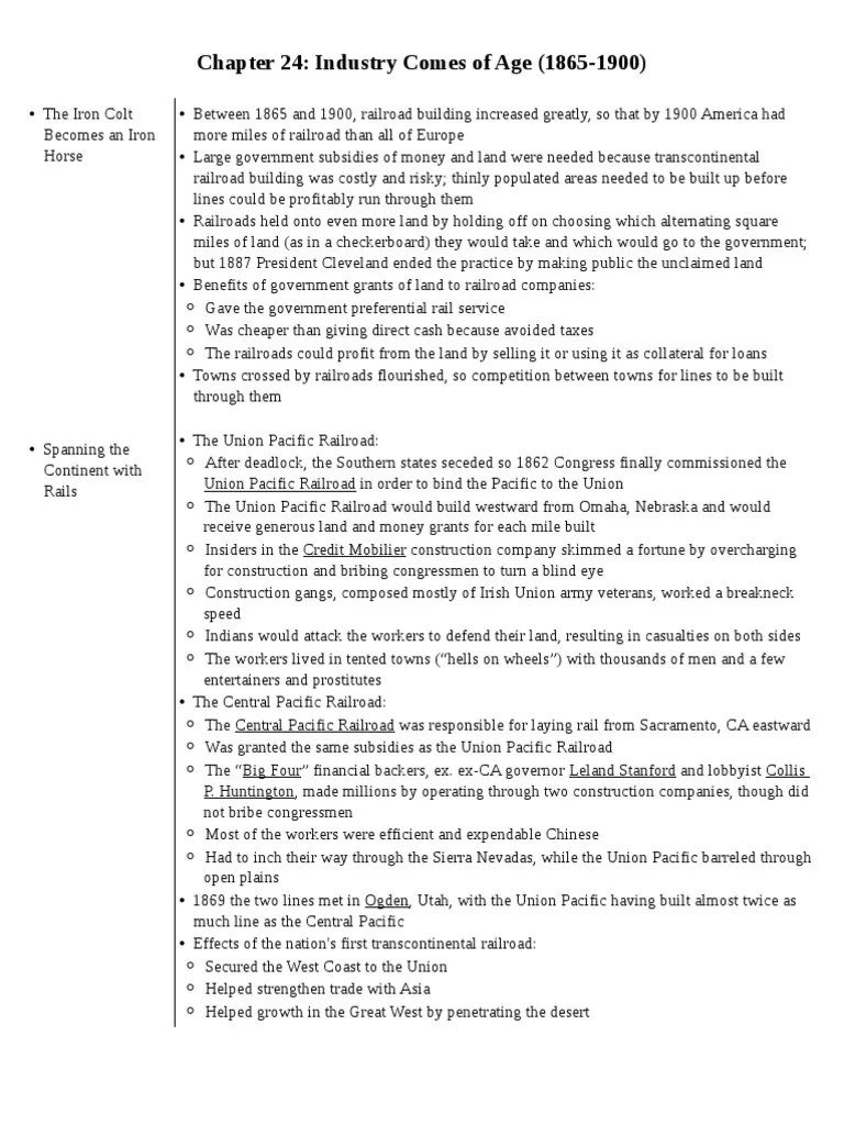 APUSH Chapter 24 Notes First Transcontinental Railroad United