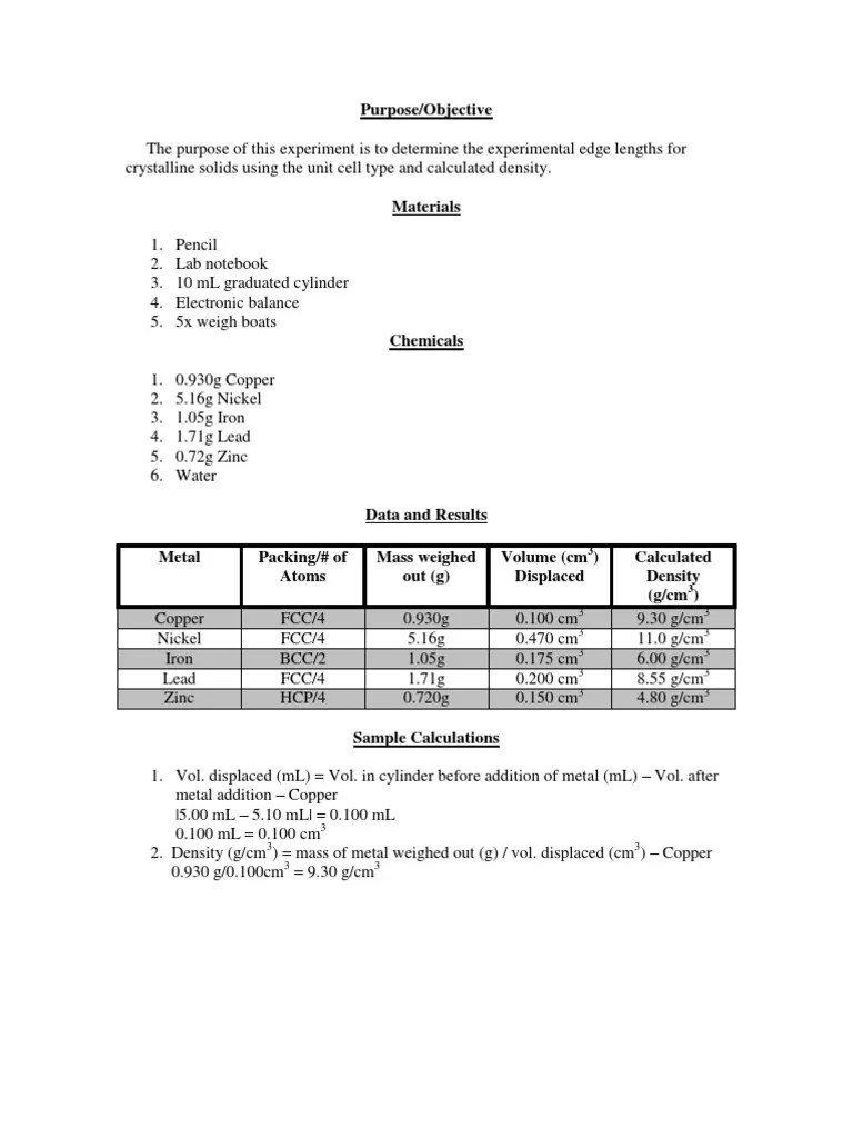 Lab Report 2 Density of a Solid Crystal Structure Density