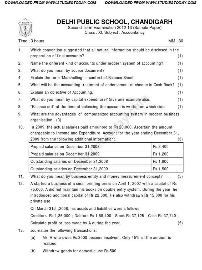 CBSE Class 11 Accountancy Question Paper SA 2 2013 PDF PDF Debits