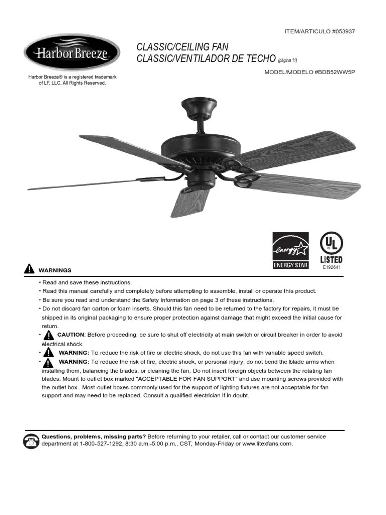 Harbor Breeze Ceiling Fan Manual Model BDB52WW5P | PDF | Wire