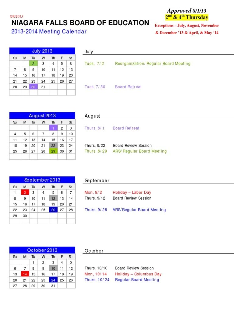 Niagara Falls Board Of Education 20132014 Meeting Calendar