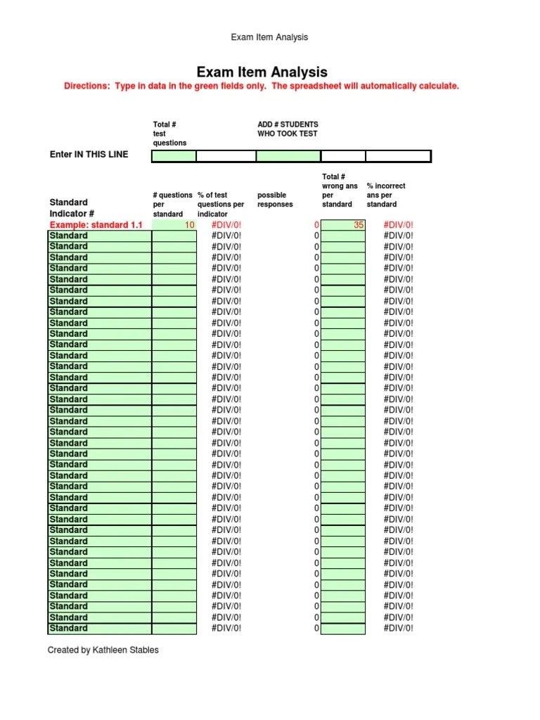 Item Analysis Spreadsheet Template Test (Assessment) Education Theory
