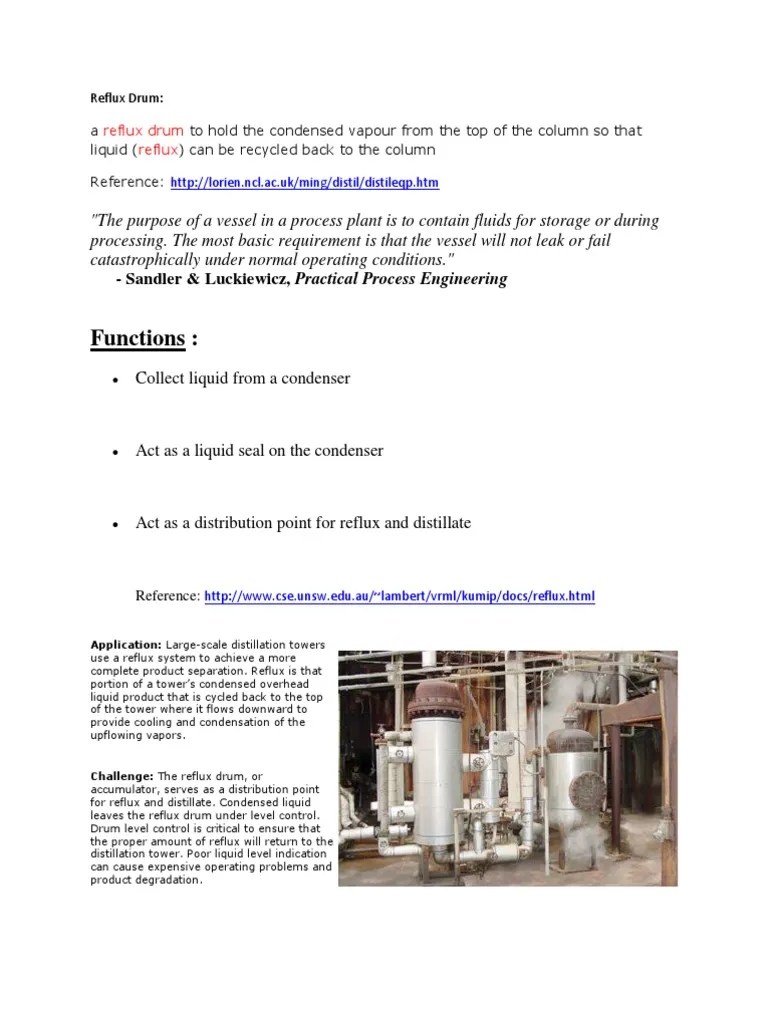 Reflux Drum and Insulator Distillation Separation Processes