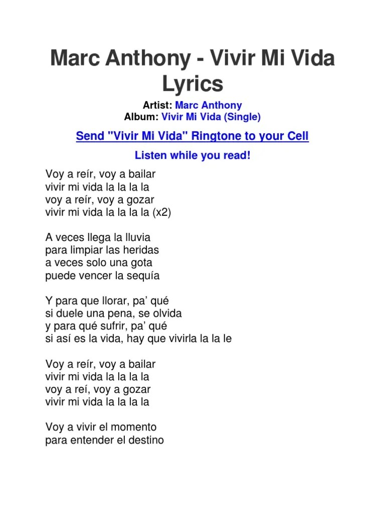 Lyrics of Vivir Mi Vida by Marc Anthony Música grabada Medios musicales