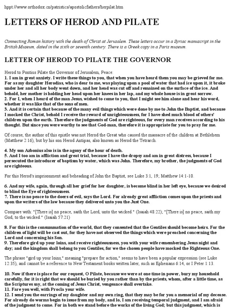 Letters of Herod and Pilate Pontius Pilate Resurrection Of Jesus