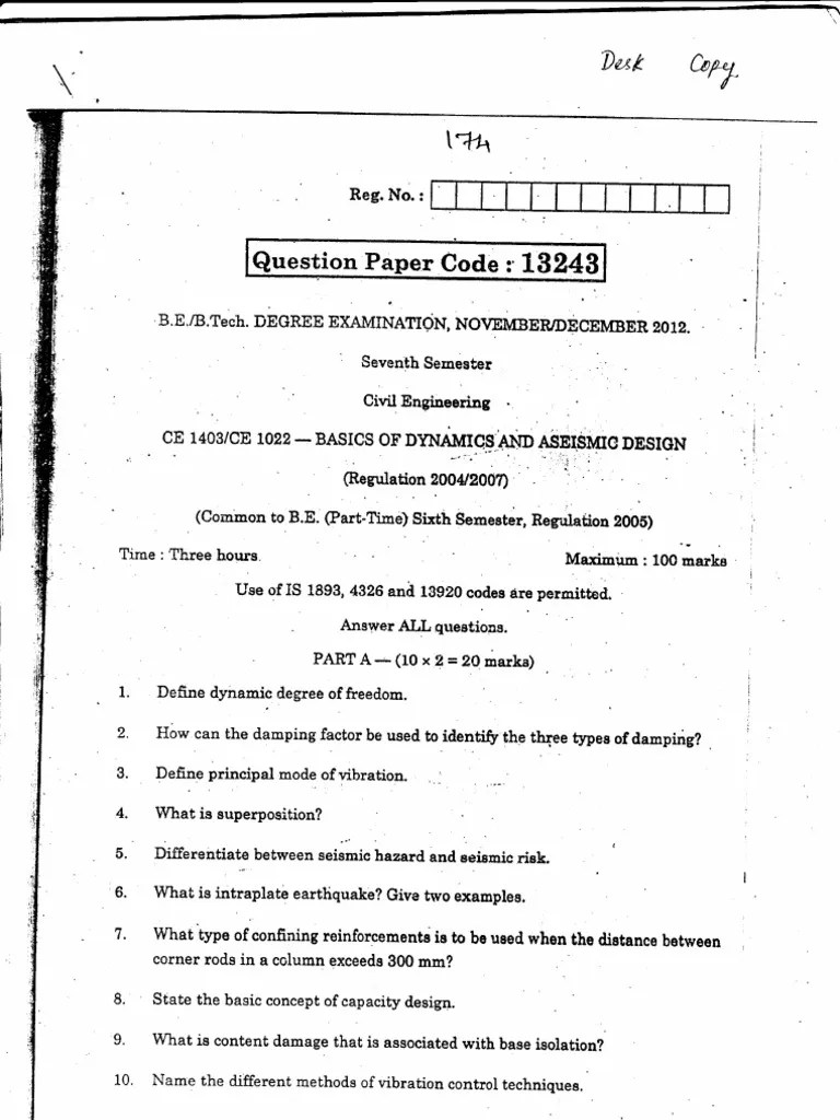 Basics of Dynamics and Aseismic Design anna university question paper