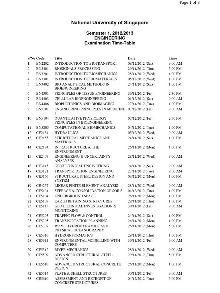NUS Exam Schedule.pdf Materials Science Mechanical Engineering