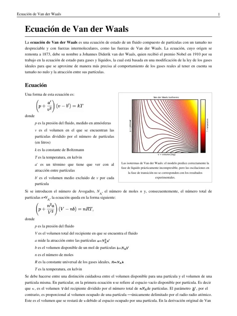 EcuaciÃ³n de Van der Waals Gases FÃ­sica aplicada e interdisciplinaria