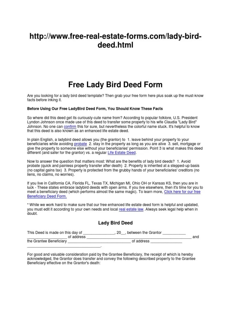 Free Lady Bird Deed Form PDF Deed Common Law