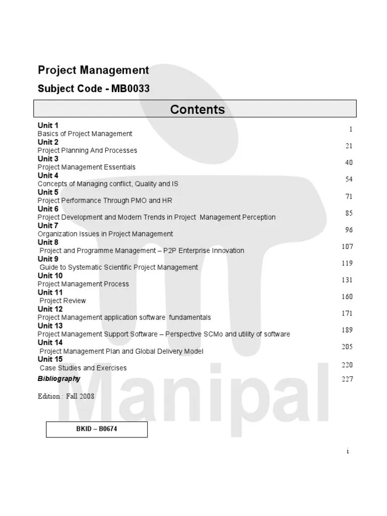 Project Management table of contents pm Project Management Science