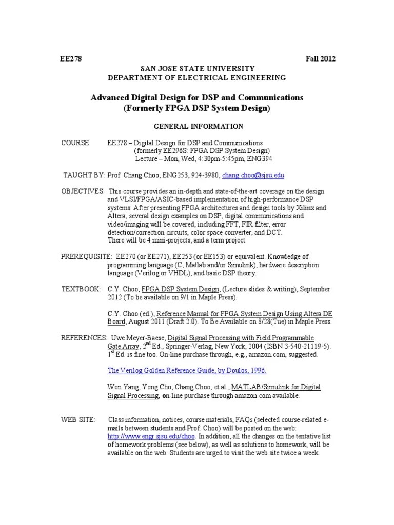Advanced Digital Design for DSP and Communications Course Syllabus