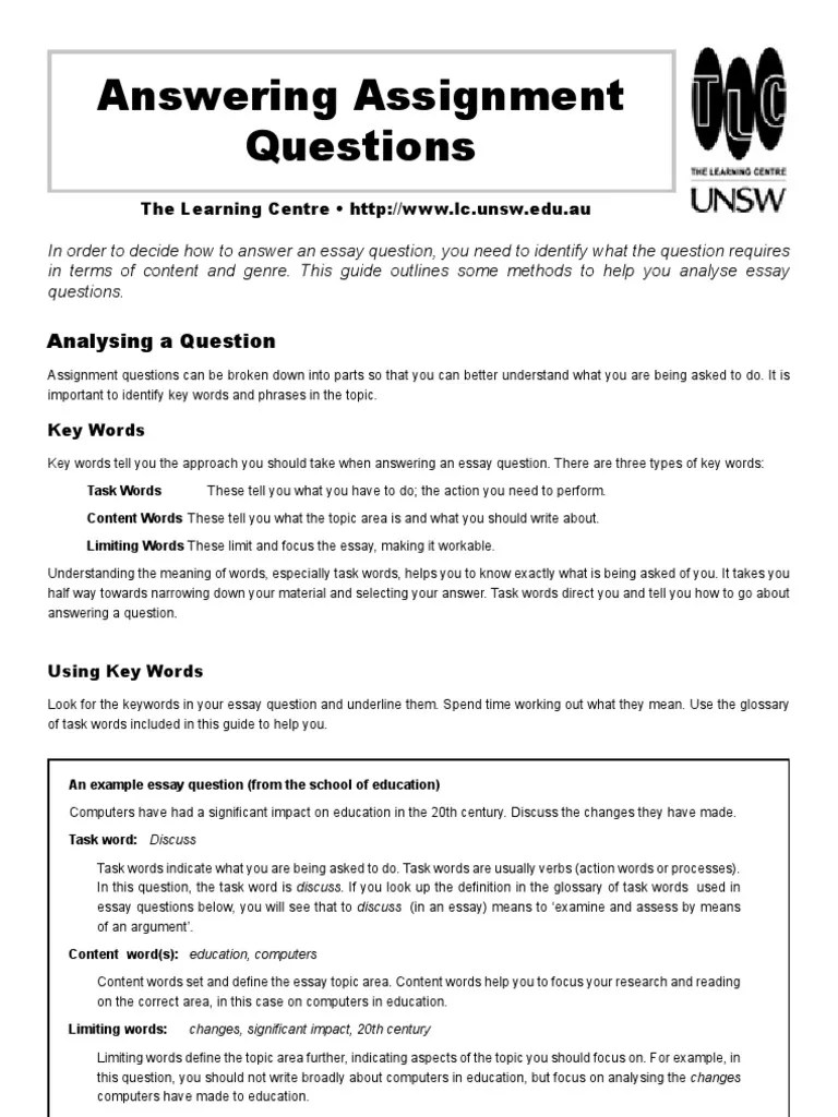 Answering Assignment Questions Essays Question