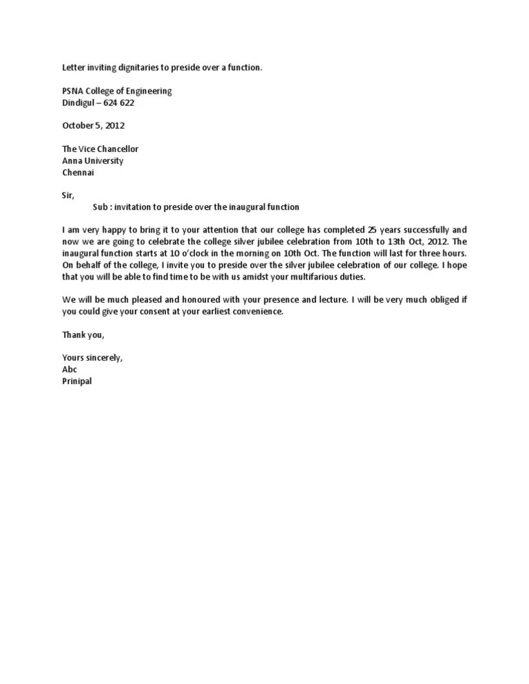 Letter Letter Inviting Dignitaries to Preside Over a