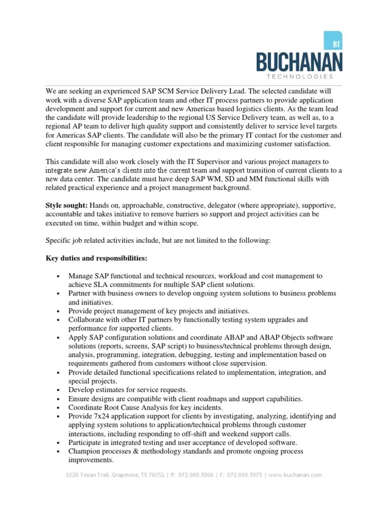 SAP SCM Service Delivery Lead Job Description Project Management Software Development
