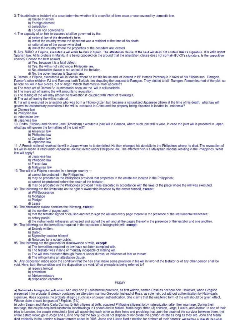 bar exam question WILLS and SUCCESSION Will And Testament Legal