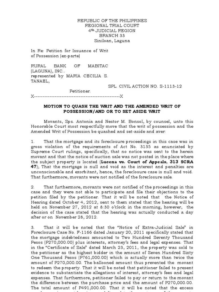 Motion to Quash Writ of Possession Mortgage Law Foreclosure