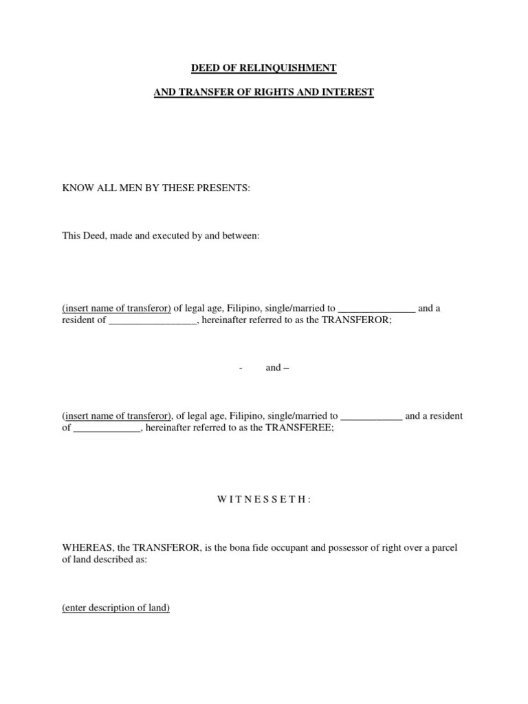 Deed of Relinquishment and Transfer of Rights and Interest Deed