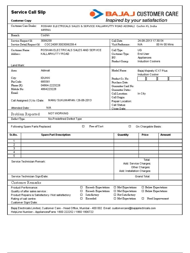 BCCD Service Technician Call Slip1 Call Centre Customer Service