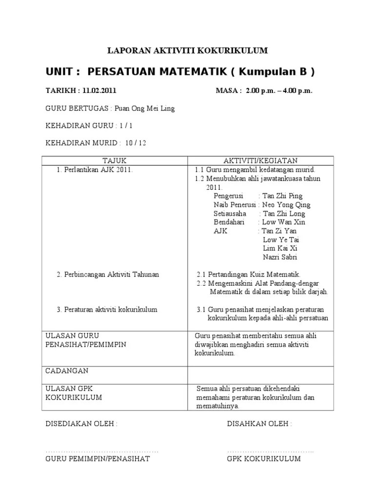 Contoh Laporan Aktiviti Kokurikulum