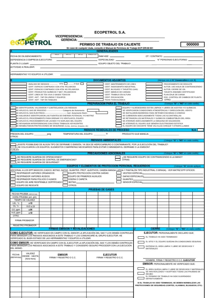 Formato de Permiso de Trabajo en Caliente