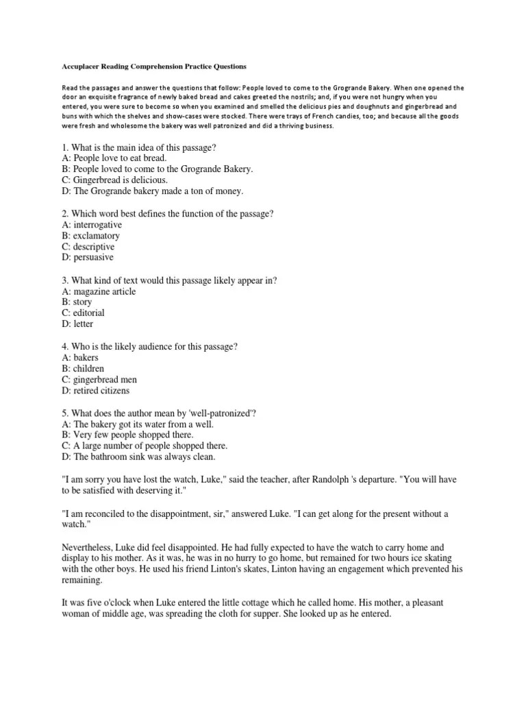 Accuplacer Reading Comprehension Practice Questions