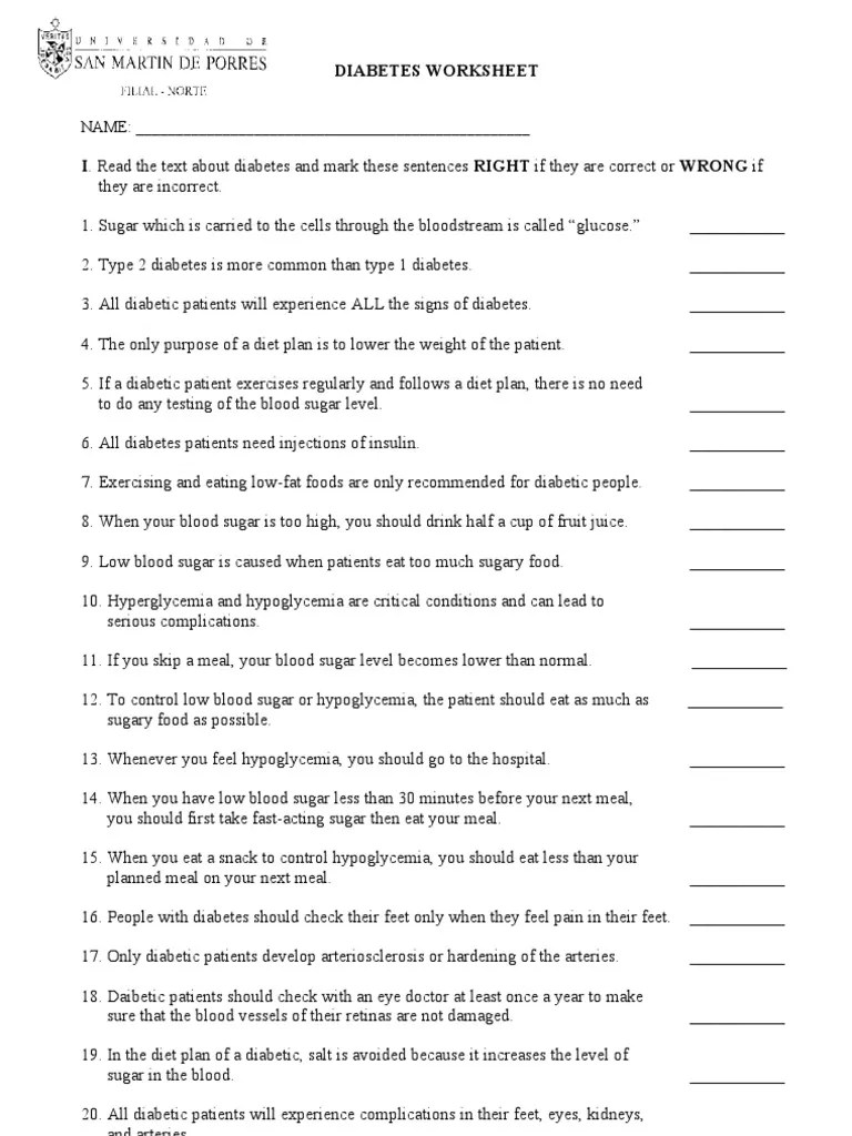 Diabetes Worksheet | Hypoglycemia | Blood Sugar