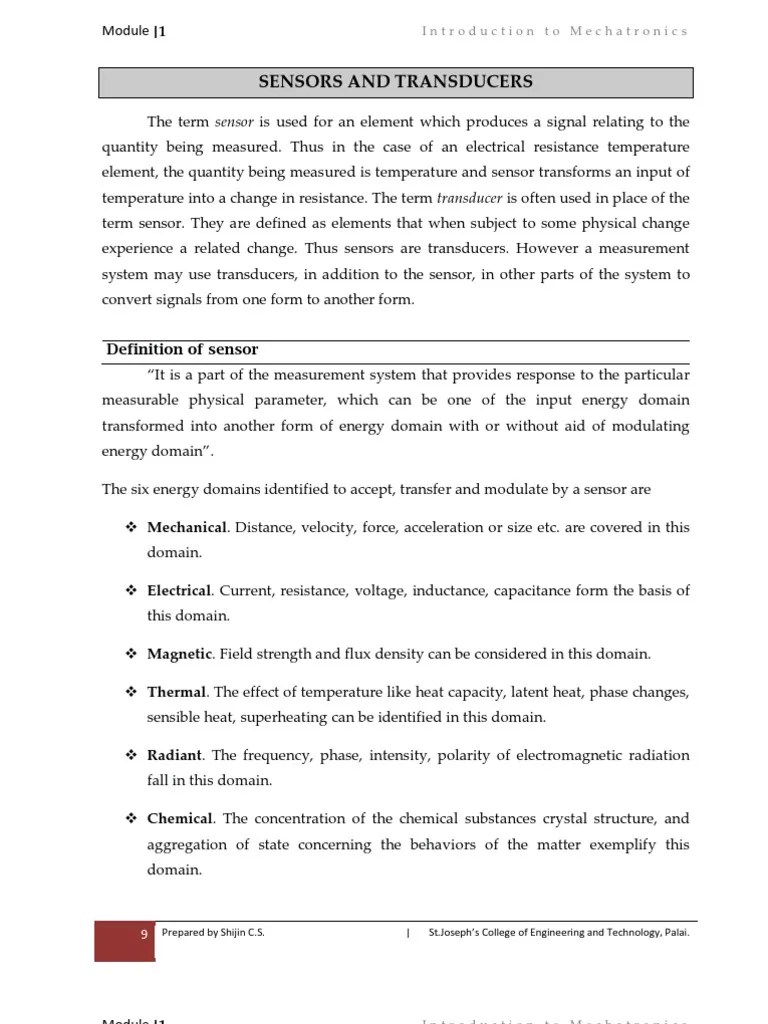 Sensors and Transducers Introduction To Mechatronics PDF Actuator