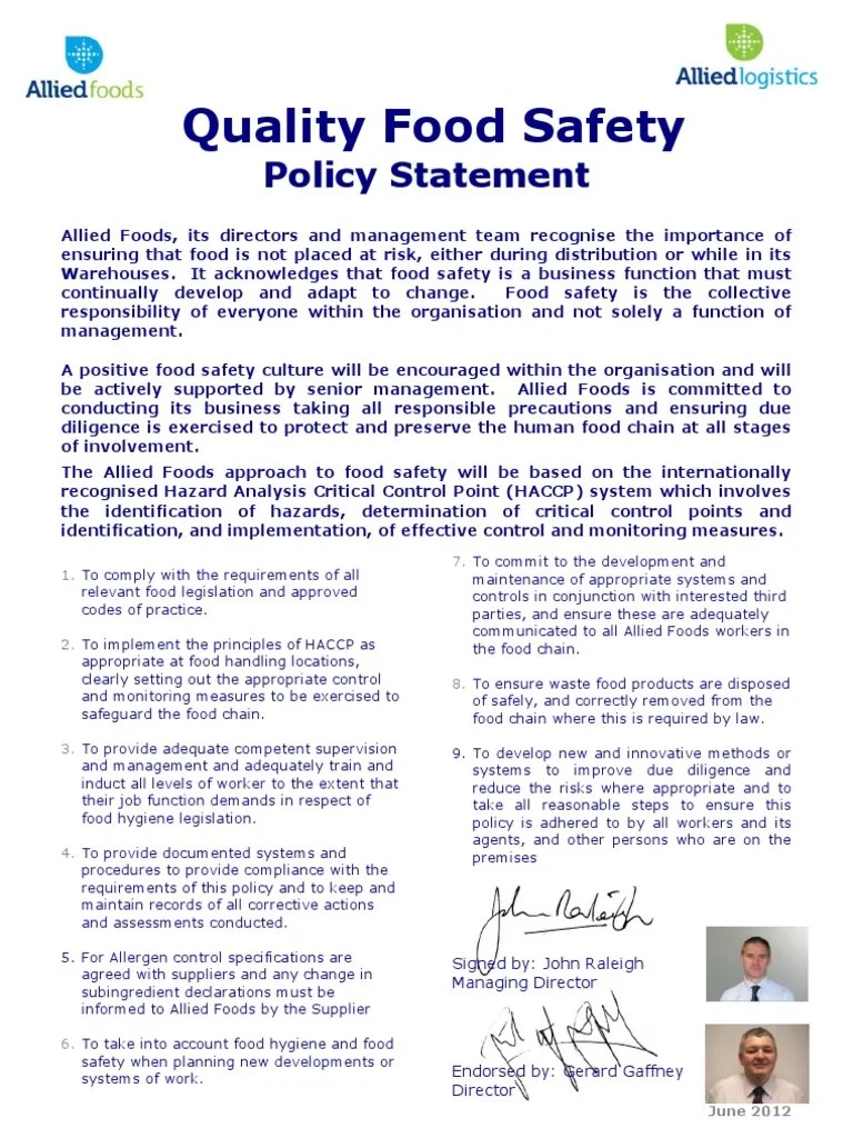 Food Safety Statement June 2012 PDF Food Safety Safety