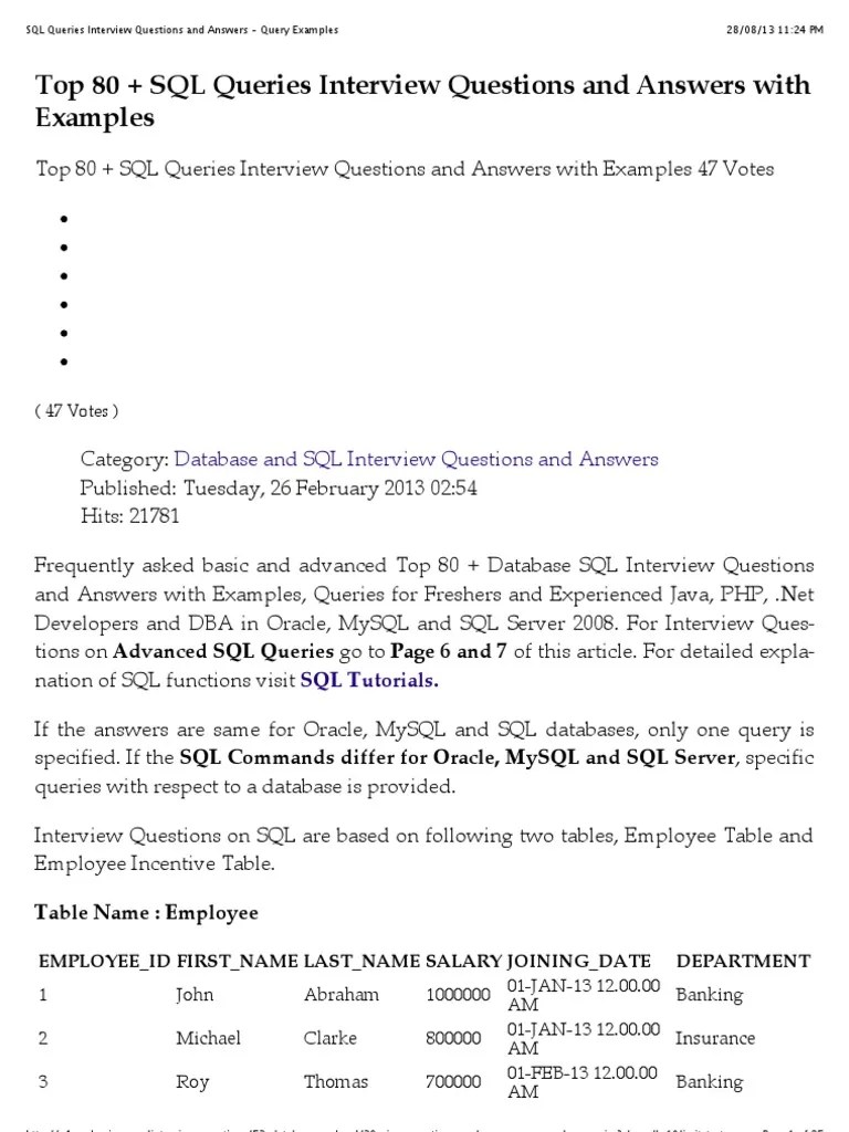 SQL Queries Interview Questions and Answers Query Examples Sql