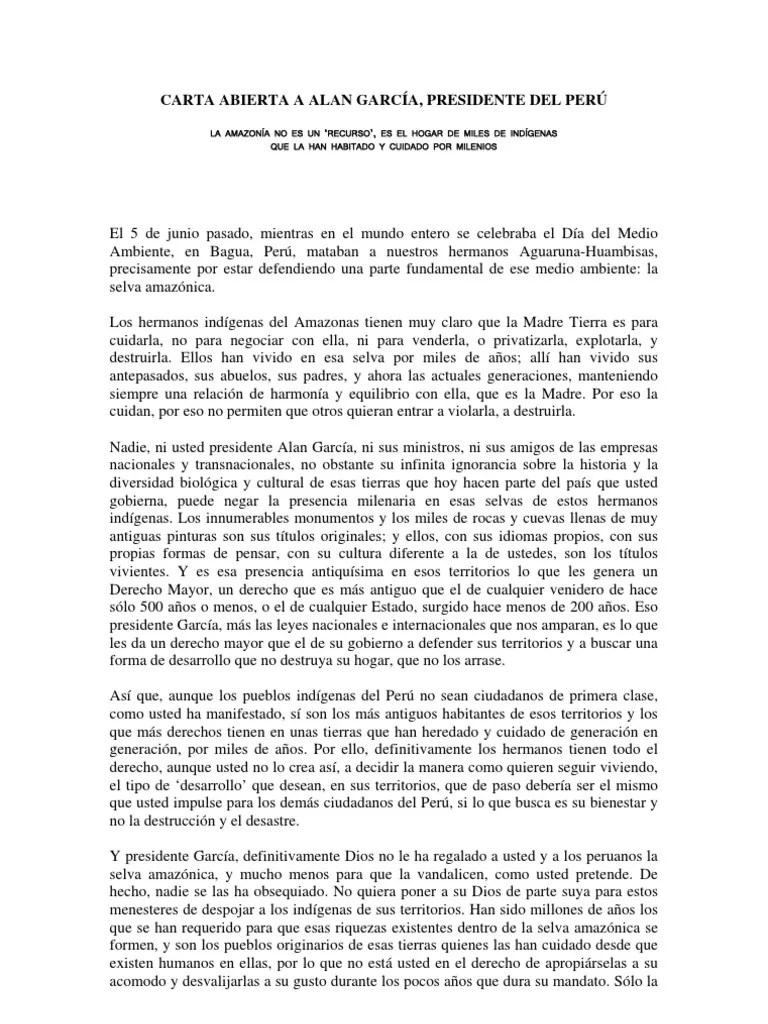 CARTA ABIERTA DE LORENZO MUELAS A ALAN GARCÍA Perú