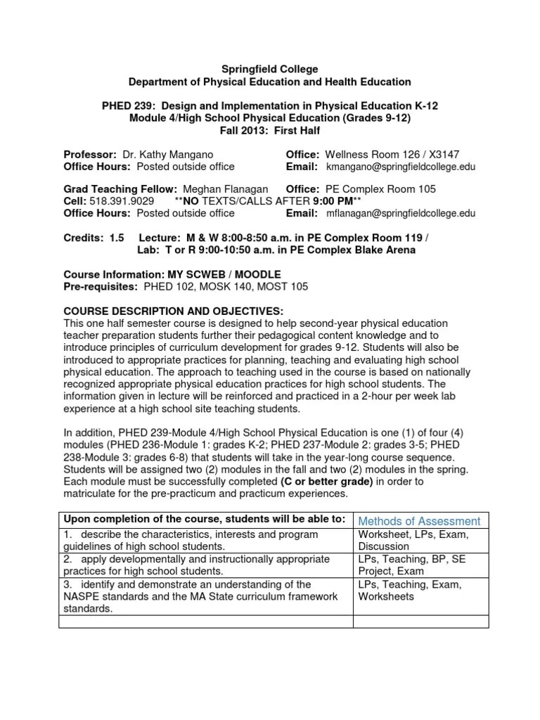 class syllabus Physical Education Educational Assessment