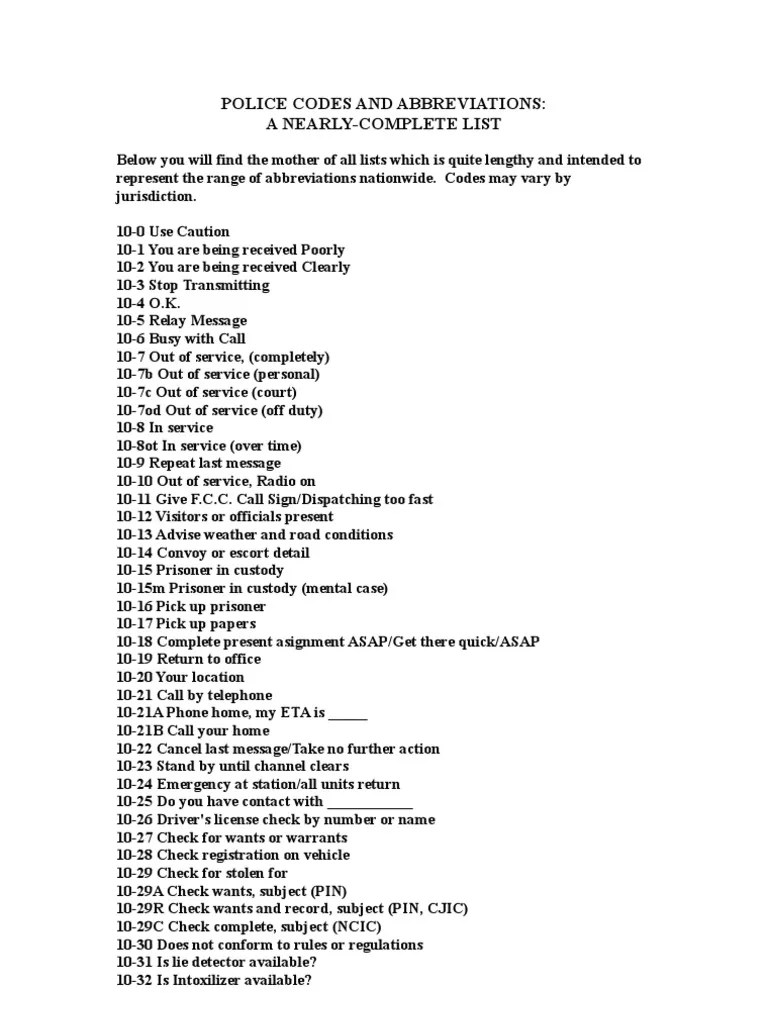 Police Codes and Abbreviations Burglary Theft