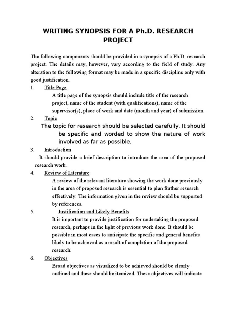 Guidelines for Synopsis & Thesis PhD Thesis Doctor Of Philosophy