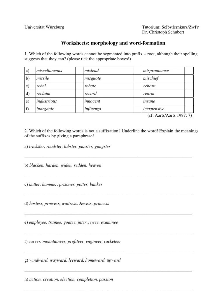 Worksheet in Morphology Grammar Linguistic Typology
